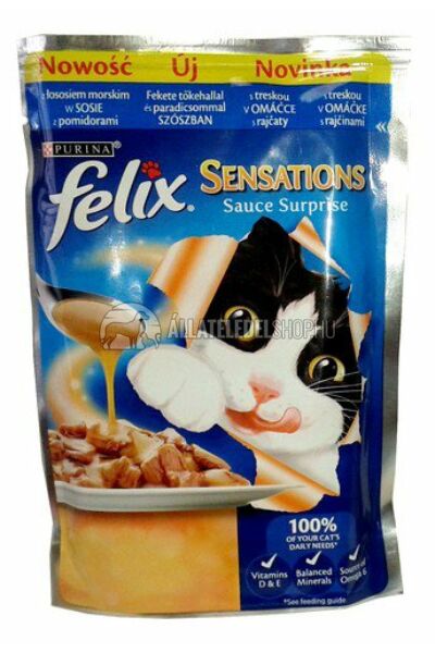Felix macskaeledel - Sensations Sauce Surprise Tőkehallal és Paradicsommal alutasakos macskáknak 100g