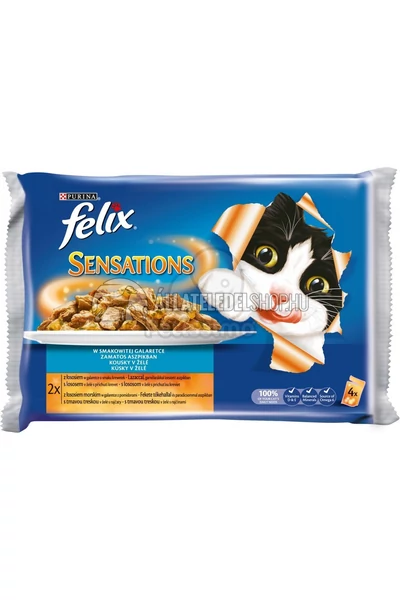 Felix macskaeledel - Sensations Sauce Surprise Multipack Lazaccal és Tőkehallal aszpikban alutasakos macskáknak 4X100g 